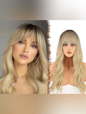 Chelsea Smith 22” Brenna Lace Front Bangs Wig Ombre Blonde Brunette Hair Curly